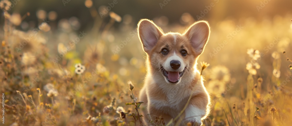 Adorable pembroke welsh corgi puppy enjoys a beautiful sunset, frolicking in a field of wildflowers, with a warm golden light enhancing the joyful scene Adorable pembroke welsh corgi puppy enjoys a beautiful sunset, frolicking in a field of wildflowers, with a warm golden light enhancing the joyful scene