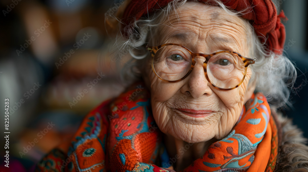 Close-up Portrait of an Elderly Woman with Glasses and a Red Flower in Her Hair Close-up Portrait of an Elderly Woman with Glasses and a Red Flower in Her Hair