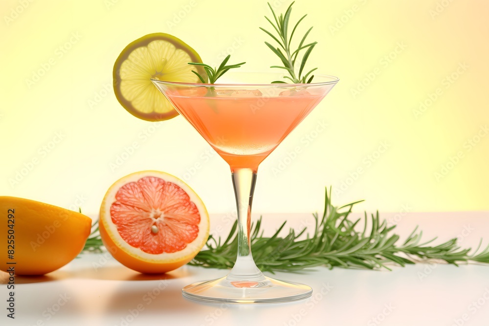 Refreshing lemon cocktail with rosemary garnish served in a martini glass.