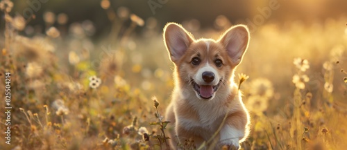 Adorable pembroke welsh corgi puppy enjoys a beautiful sunset, frolicking in a field of wildflowers, with a warm golden light enhancing the joyful scene photo