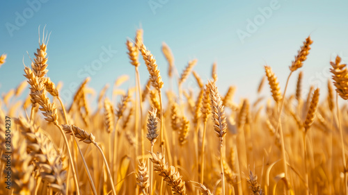 A field of golden wheat with a clear blue sky in the background. The wheat is tall and plentiful  creating a sense of abundance and growth. A bountiful wheat field  pure clear sky