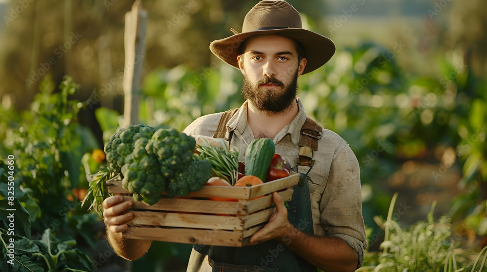 Fresh harvest of vegetables from his garden in a wooden box against the backdrop of the vegetable garden, a young male farmer holding a box with realistic hyperrealistic