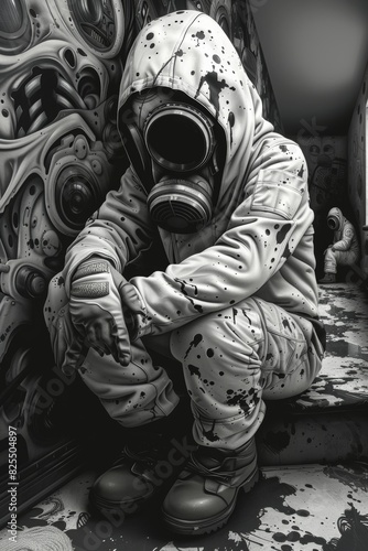 A man in a gas mask sitting on the stairs with graffiti all around him, AI