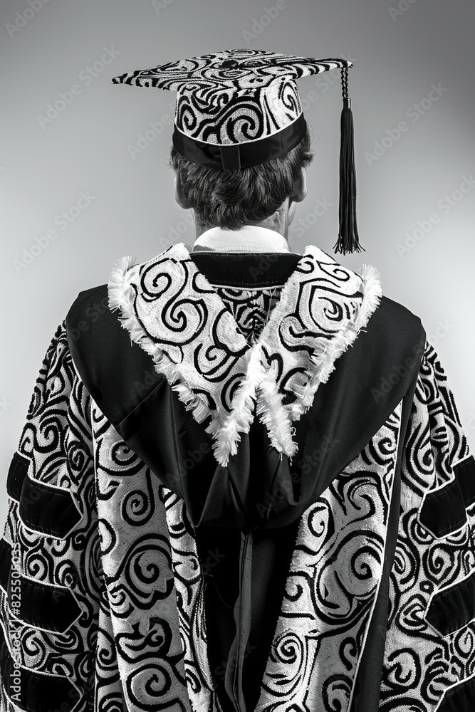 A man in a graduation cap and gown with black and white pattern, AI A man in a graduation cap and gown with black and white pattern, AI