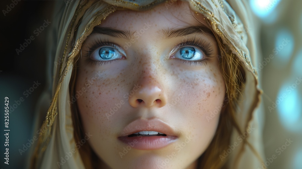 Biblical character. Emotional portrait of a woman with blue eyes in a veil looking up Biblical character. Emotional portrait of a woman with blue eyes in a veil looking up