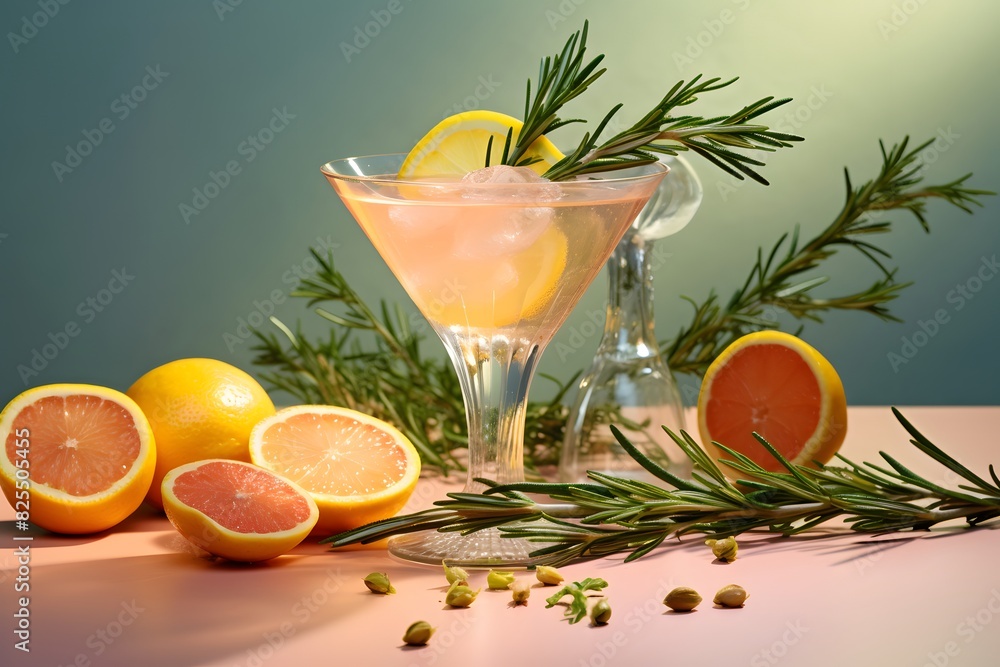 Fototapeta premium Refreshing lemon cocktail with rosemary garnish served in a martini glass.