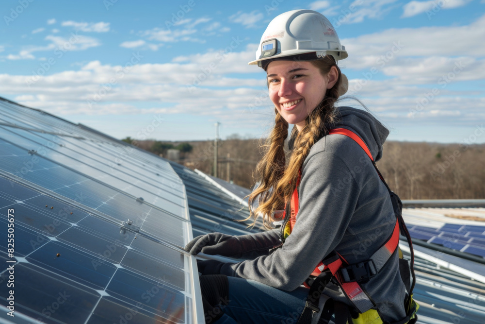 Female worker with protective jacket and helmet is attaching solar panels to the roof of the factory. Solar panels generation, sustainability eco-friendly concept. Female worker with protective jacket and helmet is attaching solar panels to the roof of the factory. Solar panels generation, sustainability eco-friendly concept.