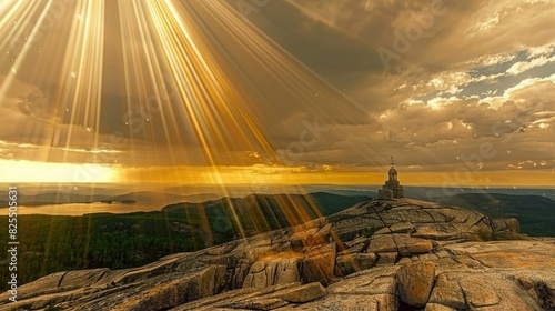   The sun brightly shines through the clouded sky, revealing a rocky outcropping and a distant body of water