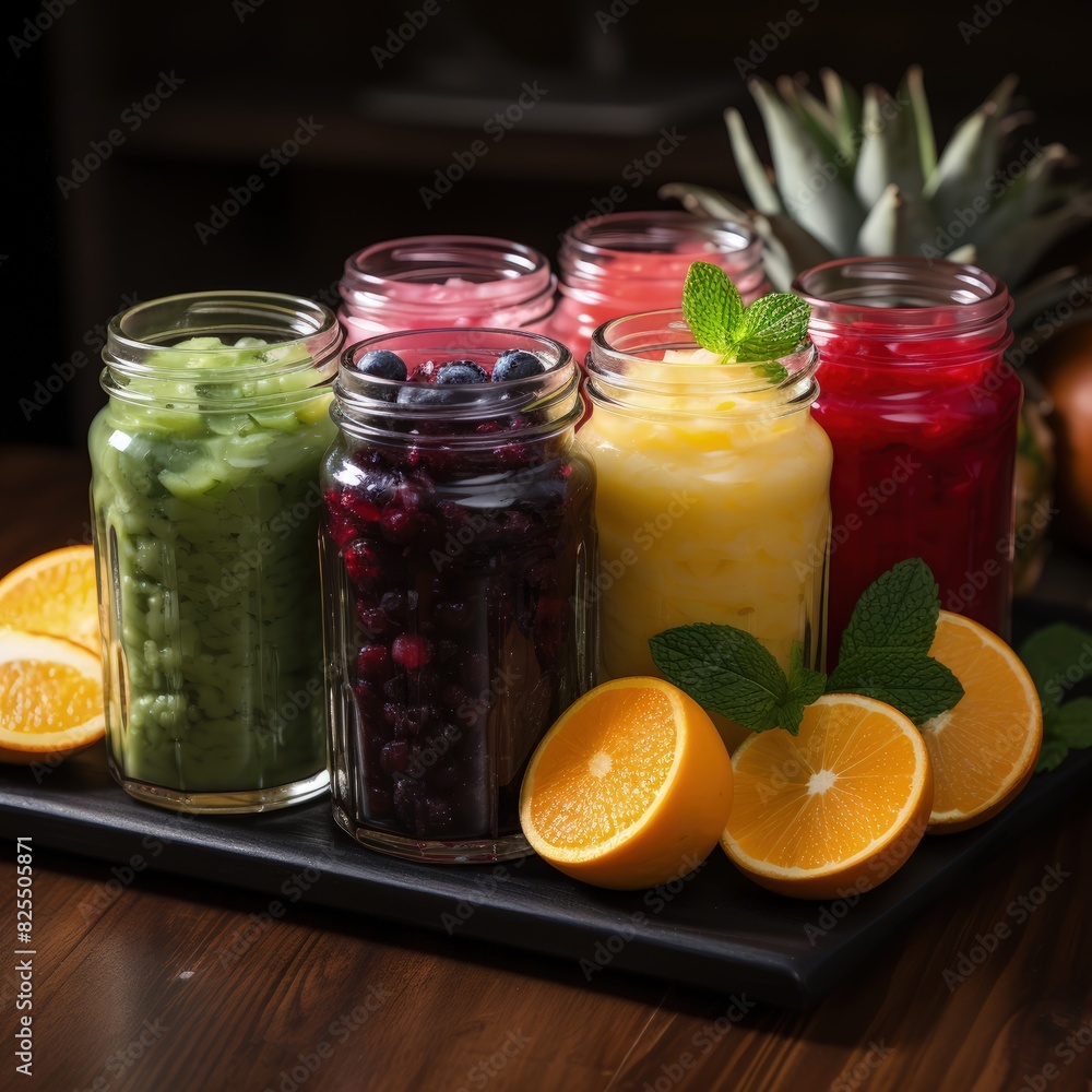 a tray of colorful juices with a jar of fruit on it a tray of colorful juices with a jar of fruit on it
