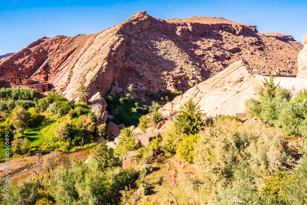View of green oasis with palm trees and river in Dades valley between Telouet and Anmiter towns in Atlas Mountains, Morocco, North Africa View of green oasis with palm trees and river in Dades valley between Telouet and Anmiter towns in Atlas Mountains, Morocco, North Africa