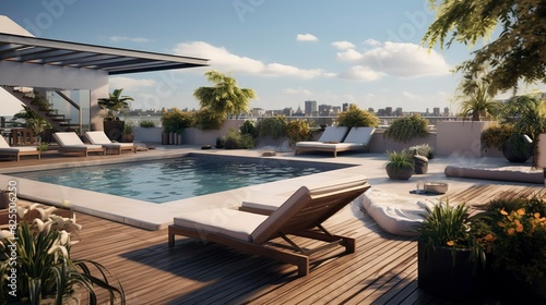 A photo of a rooftop terrace with a pool. © Global Stock