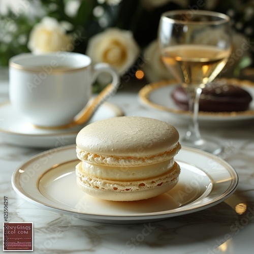 minimalist dessert by photographing a single, delicate vanilla macaron, with its smooth surface and creamy filling, resting on a pristine white saucer, offering a delightful and delicate treat, flat v