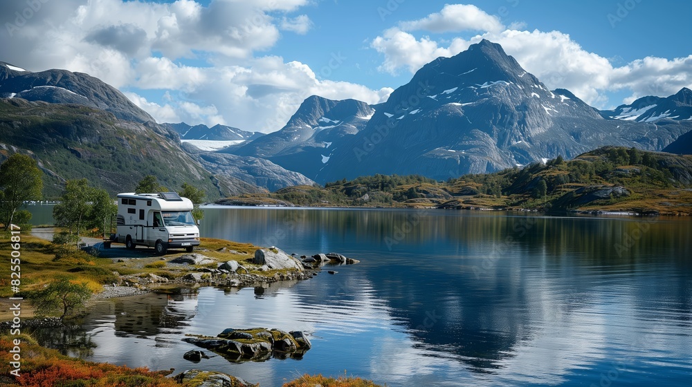 Naklejka premium Parked modern Rv camping on beautiful mountain panoramic nature. Holiday trip in motorhome.