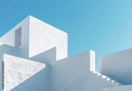 Realistic low angle outdoor color photograph of a white southern Mediterranean village  semi abstract  blue sky. From the series    Abstract Architecture.   
