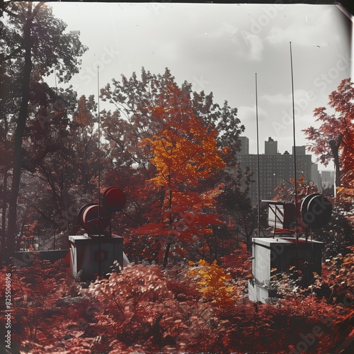 Realistic outdoor infrared daytime photograph overgrown park in a city with strange scientific equipment mounted on concrete pedestals. From the series �Quest.�