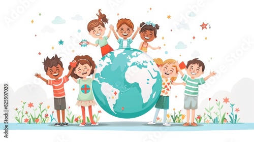 International Children s Day. Happy children of different nationalities standing around a globe