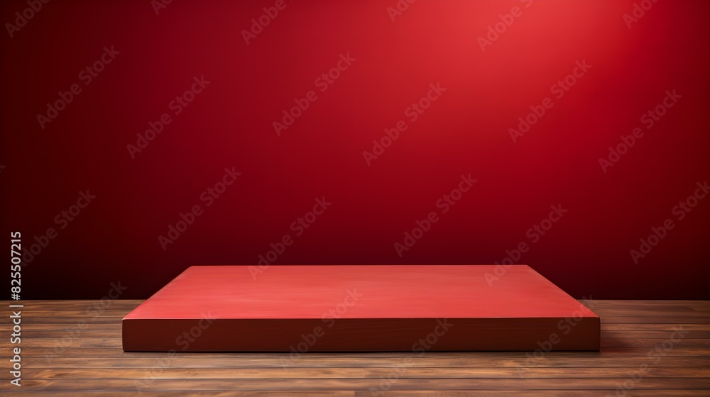 Close up of a square wooden Pedestal for Product Presentation. Empty red Showroom Close up of a square wooden Pedestal for Product Presentation. Empty red Showroom