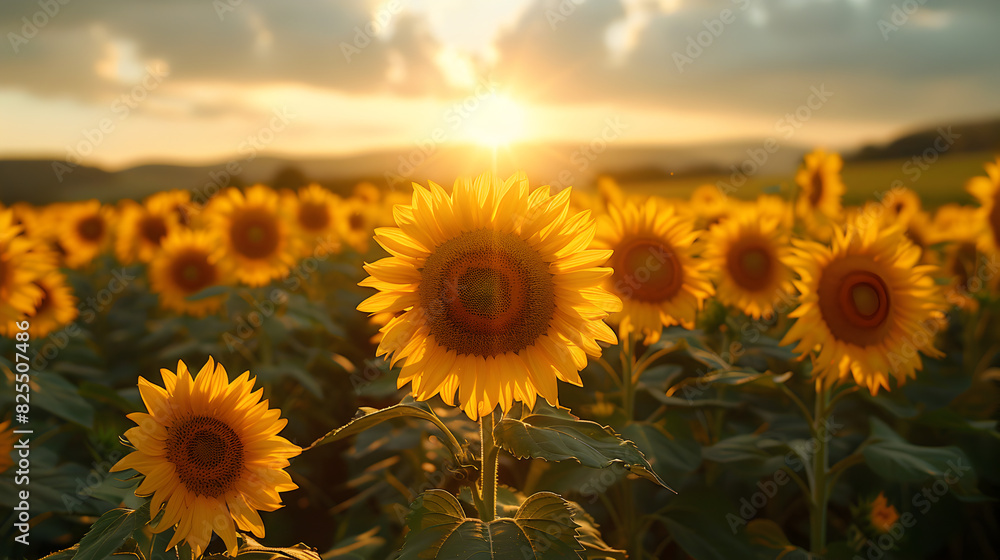 Fototapeta premium sunflower field at sunset