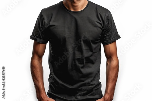 A man is wearing a black shirt and standing in front of a white background