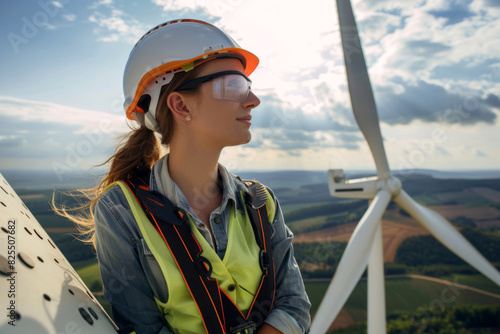 Female engineer with safety vest and helmet standing on top of a wind turbine on wind power generation field. Wind turbine farm, eco-friendly sustainability concept. © m.malinika