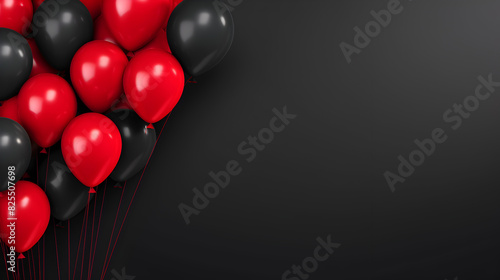 Banner of Bunch of black and red balloons on black space for text, Vibrant Black and Red Balloon Bunch on Dark Background