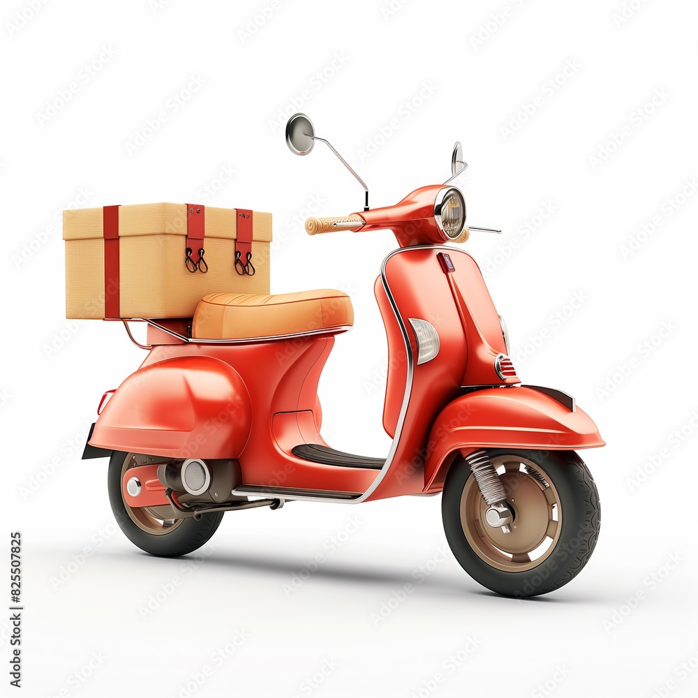 A red scooter with a box on top of it. The box is brown and has a red ribbon A red scooter with a box on top of it. The box is brown and has a red ribbon