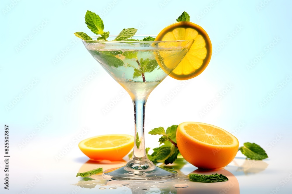 Fototapeta premium Refreshing lemon cocktail with rosemary garnish served in a martini glass.