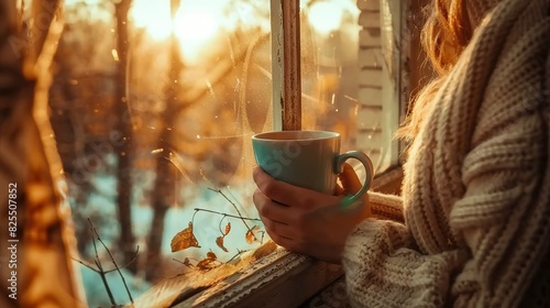   A woman sips coffee, gazing at the wintry landscape beyond photo