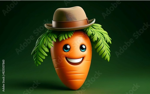 3D illustration of the happy carrot mascot wearing a hat, set against a dark green background  generative Ai