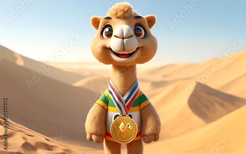D illustration of the camel mascot wearing a race costume and medal, generative Ai