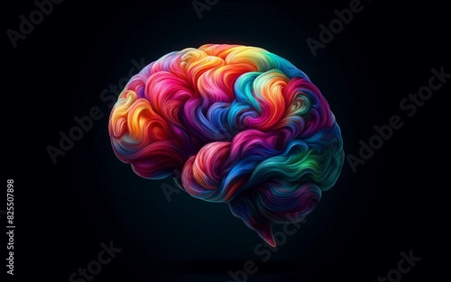  illustration of a human brain with vibrant, blending colors on a dark background, generative Ai,