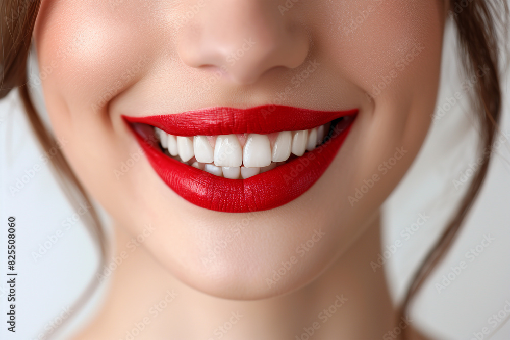 Fototapeta premium Close up of a Womans Mouth With Red Lipstick