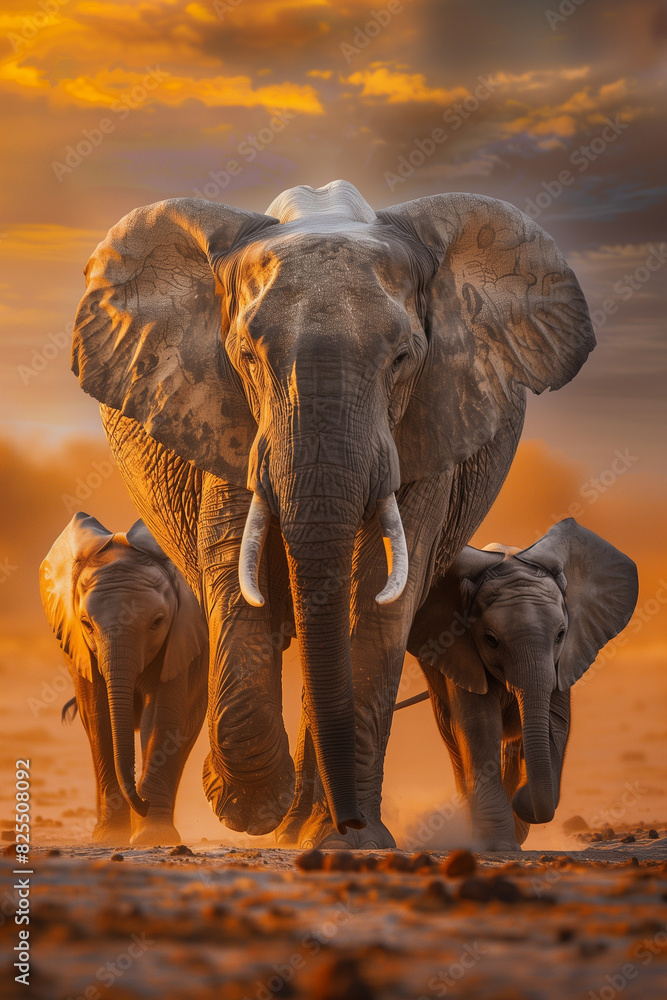 Fototapeta premium Herd of Elephants Walking Across Dirt Field