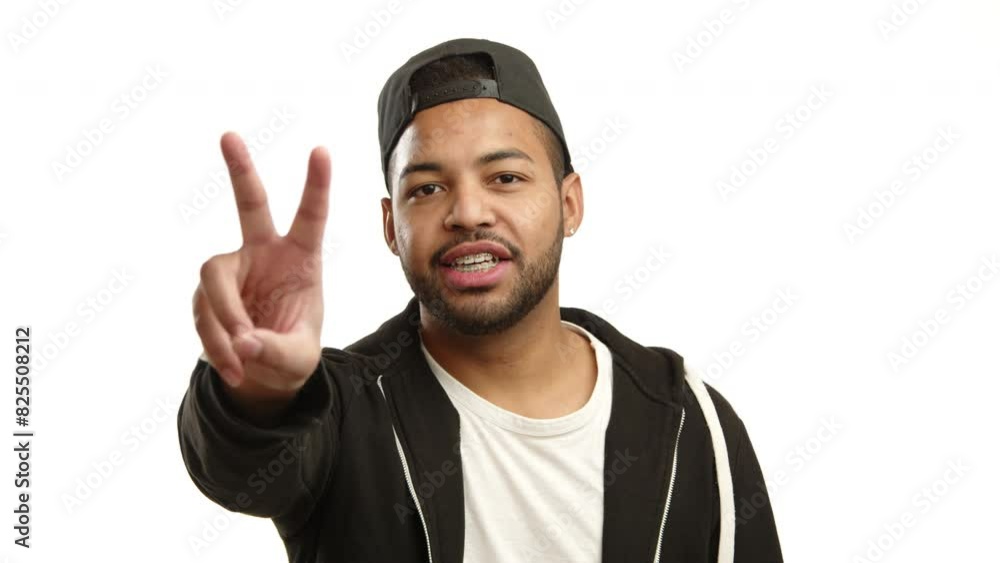 A multiracial young man with glasses and braces makes the peace sign, his face glowing with a joyful expression on a white background. Camera 8K RAW. A multiracial young man with glasses and braces makes the peace sign, his face glowing with a joyful expression on a white background. Camera 8K RAW.