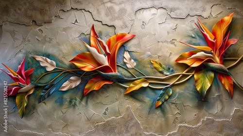 Decorative exotic flowers on an old wall. © Terablete