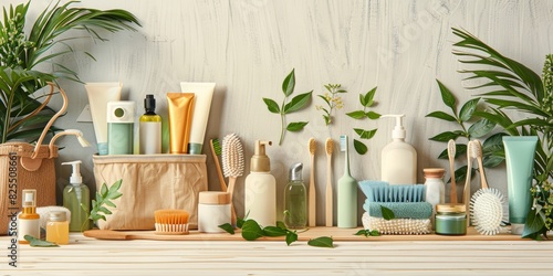 Collection of eco-friendly products including bamboo toothbrushes  natural brushes  and various toiletries on a wooden surface with green plants in the background