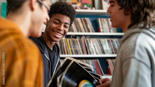 A teenager proudly showing off his newly acquired vinyl collection to his friends who are equally impressed. photo