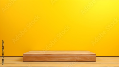 Close up of a square wooden Pedestal for Product Presentation. Empty yellow Showroom © drdigitaldesign