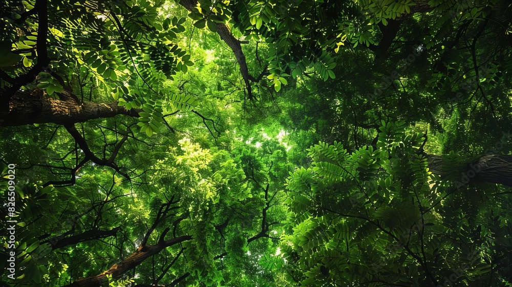 Obraz premium Lush green forest canopy with diverse tree species, vibrant colors and intricate details, visually stunning