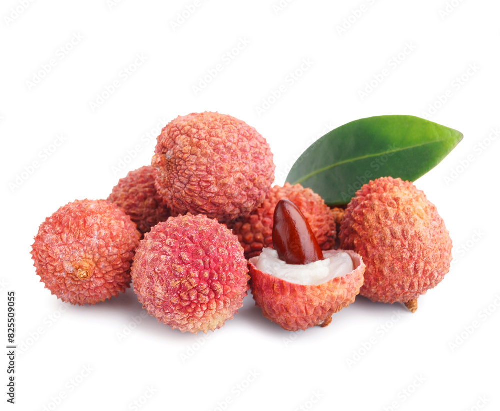 Delicious litchi fruit and leaf on white background Delicious litchi fruit and leaf on white background