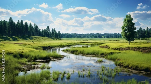A photo of a serene pond surrounded by farmland.
