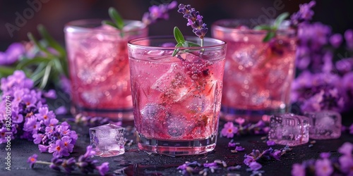 Close-up of three lavender cocktails with ice cubes and fresh flowers on a dark background