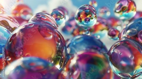  A swirl of various-colored soap bubbles dances atop a vibrant sky of blue and white, nestled within billowing clouds