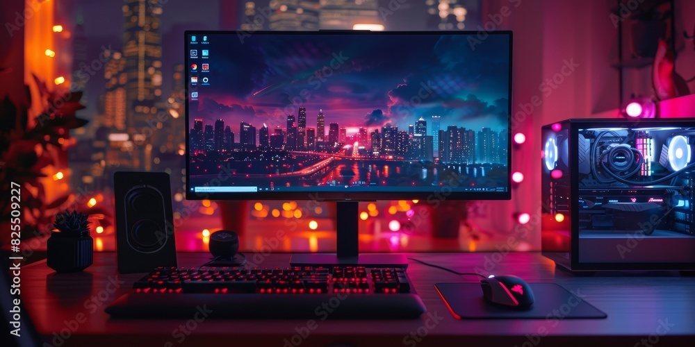 Modern tech workspace with a high-resolution monitor, RGB-lit keyboard, mouse, and desktop computer in a cityscape background Modern tech workspace with a high-resolution monitor, RGB-lit keyboard, mouse, and desktop computer in a cityscape background