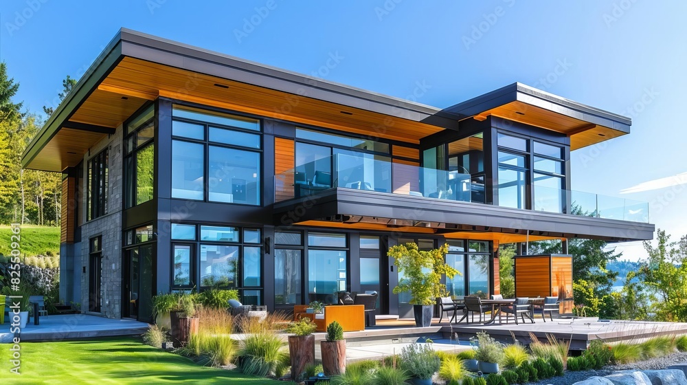 Newly constructed contemporary home in a scenic setting, highlighting unique architectural elements and clean lines, highresolution