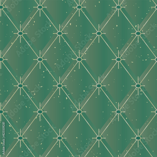 Vector seamless featuring diamond shapes with atomic or star-like motifs inside, rendered in a teal green with a pinch of gold color scheme, creating an intricate mid-century modern geometric design.