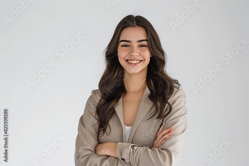 A woman with long brown hair is smiling and wearing a tan jacket