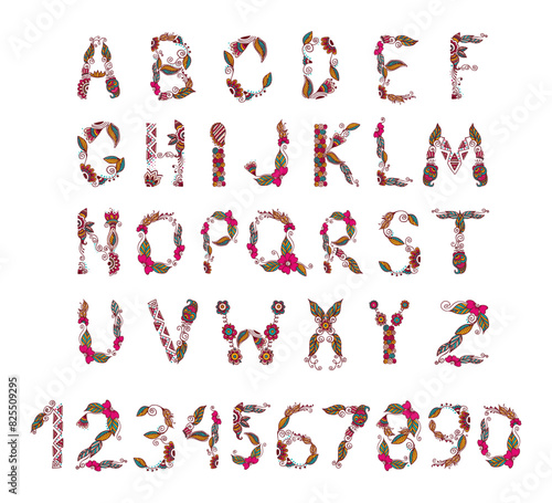 Artistic alphabet typography vector in mehandi indian style with intricate floral patterns and swirls crafted in warm hues of red, orange, creating a visually striking and decorative design.