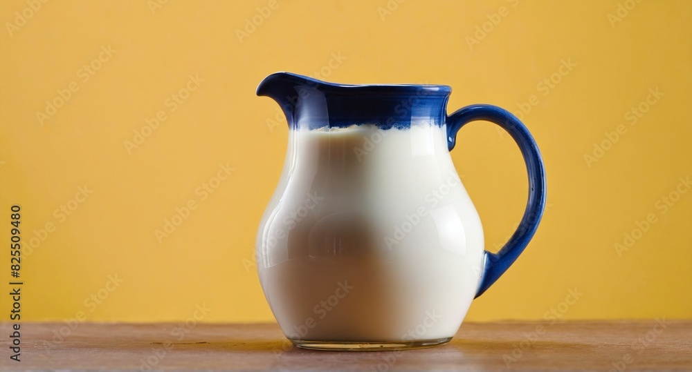 Milk jar pitcher on table, light yellow interior Milk jar pitcher on table, light yellow interior