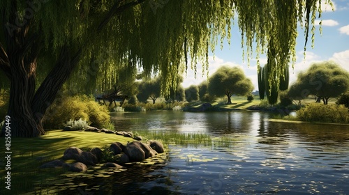 A photo of a serene pond surrounded by weeping willow